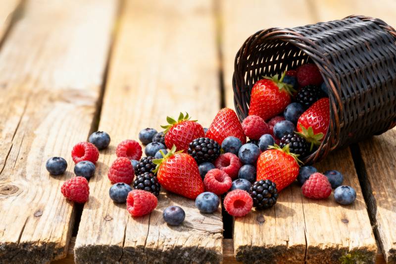 新鲜浆果散落木桌图片