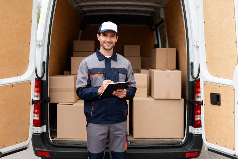 快递员在货车前记录图片