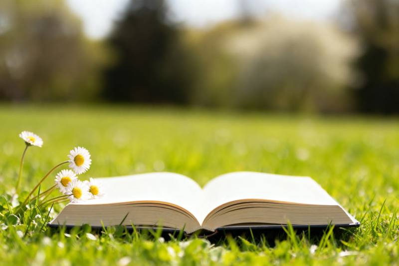 草地上翻开的书图片