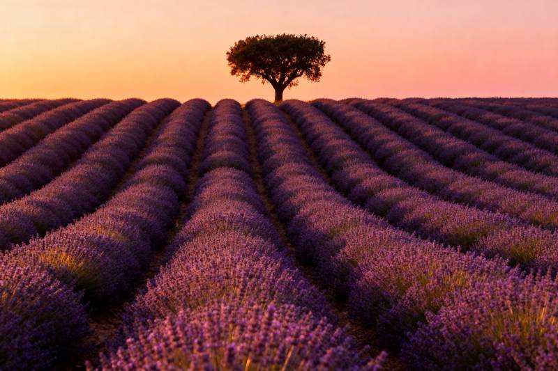 薰衣草田孤树晚霞图片