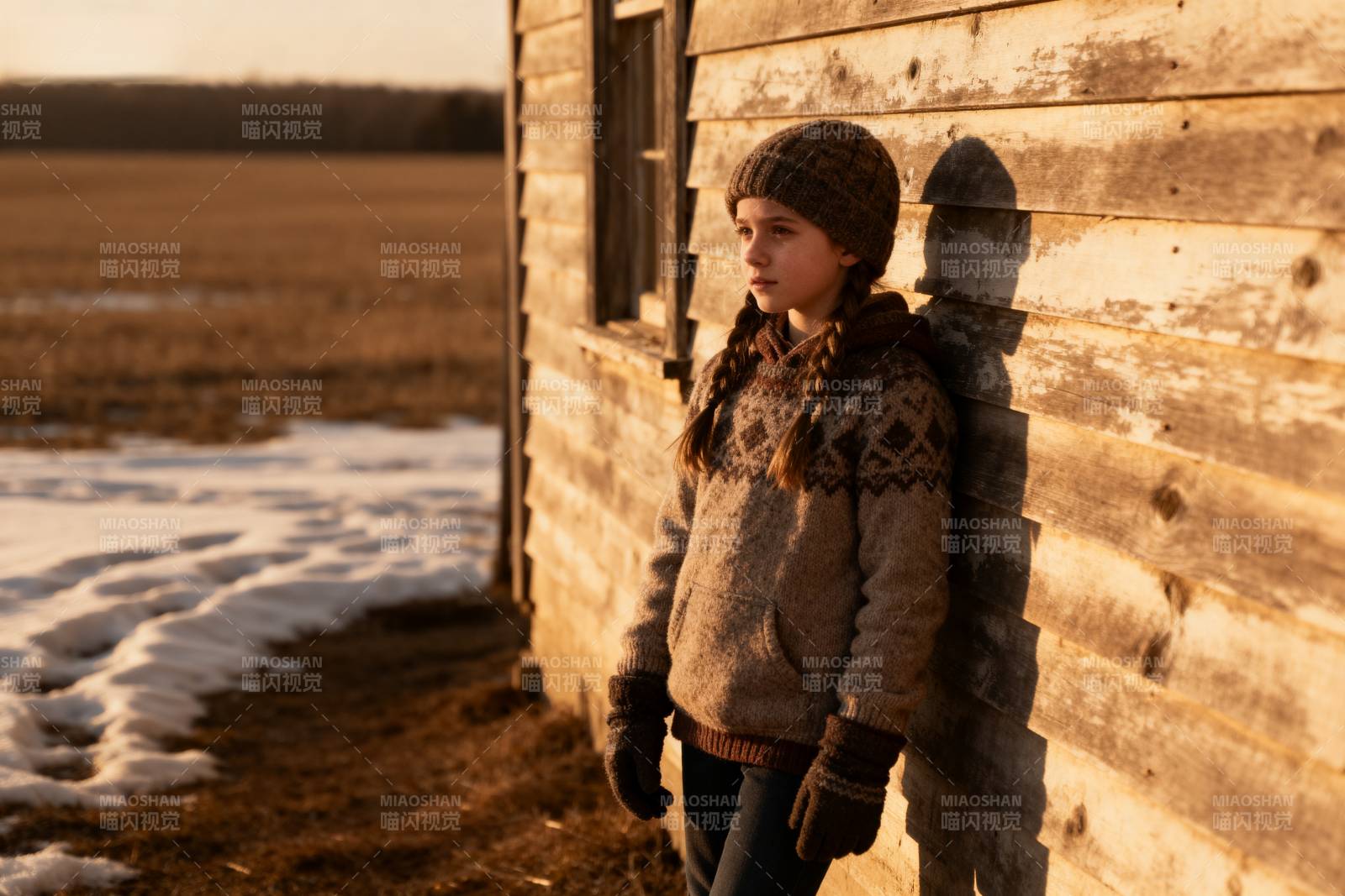 冬日木屋旁的女孩图片