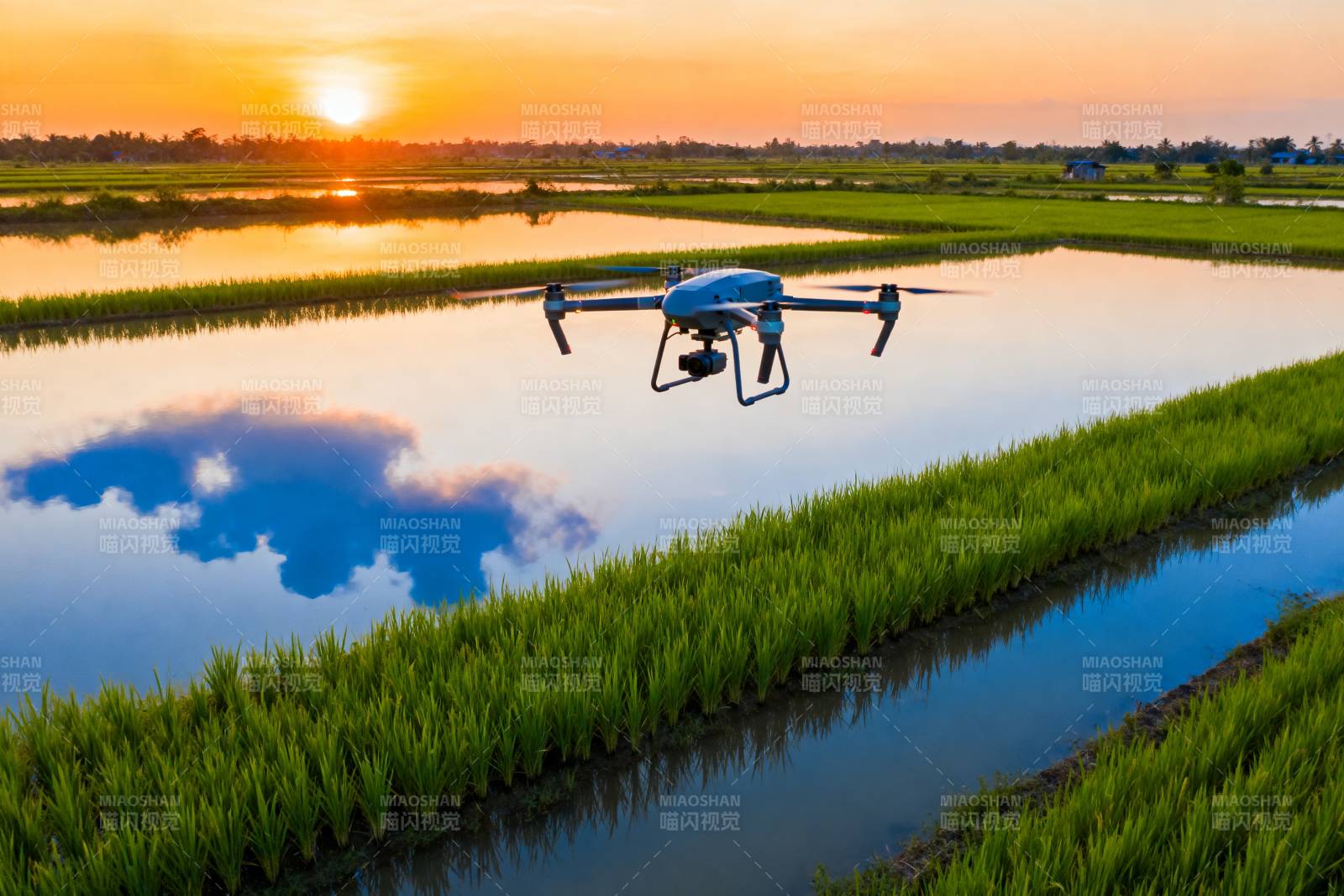 无人机巡田日落时图片