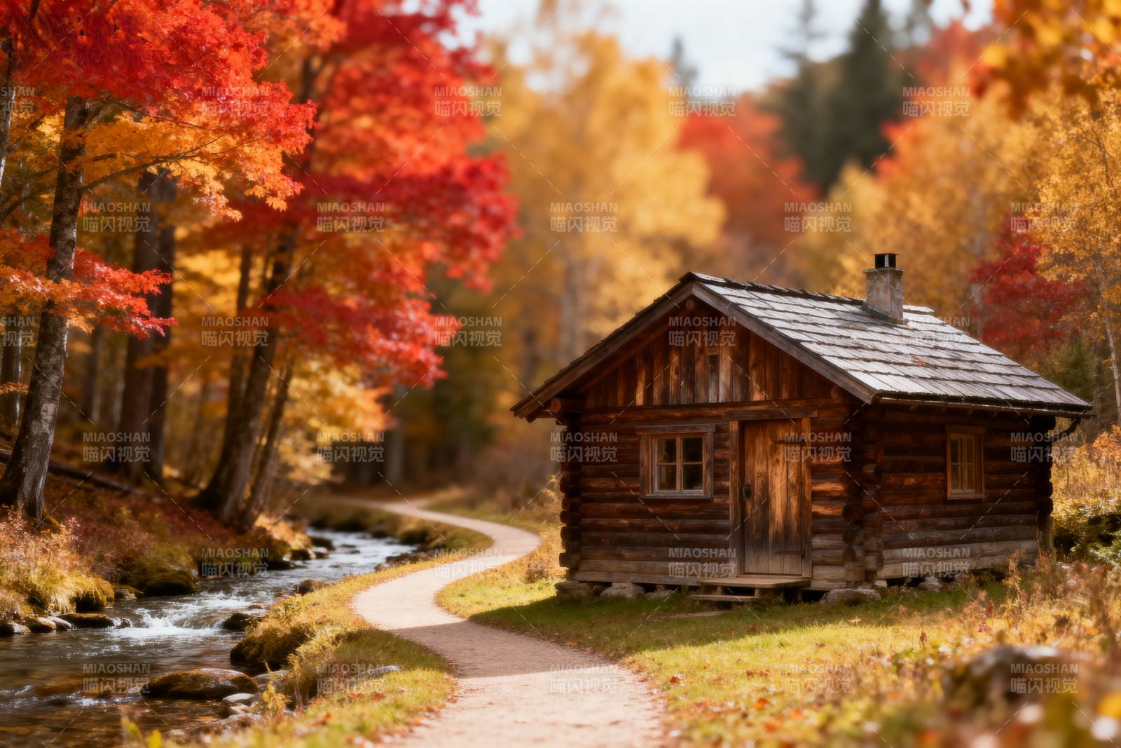 秋林小屋溪畔静图片