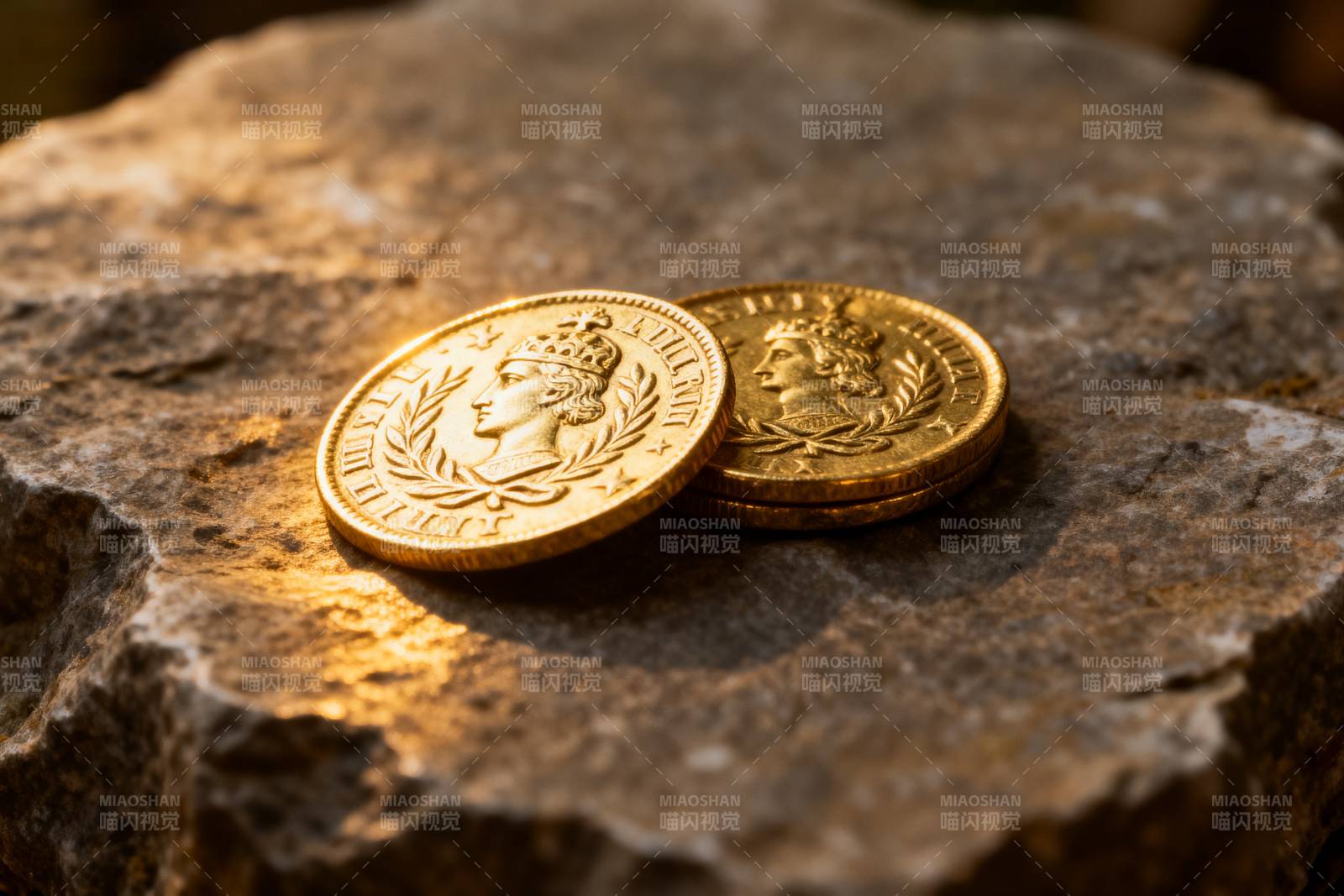 金币静置于石上图片