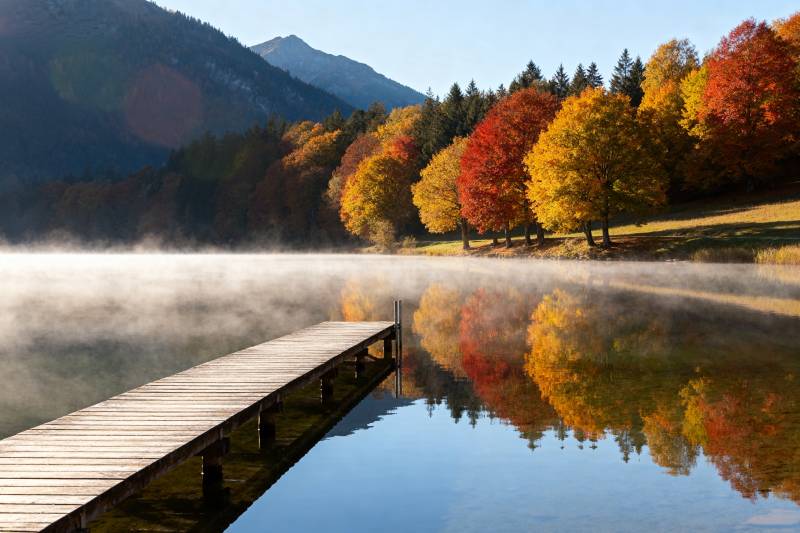 秋湖晨雾映彩林图片