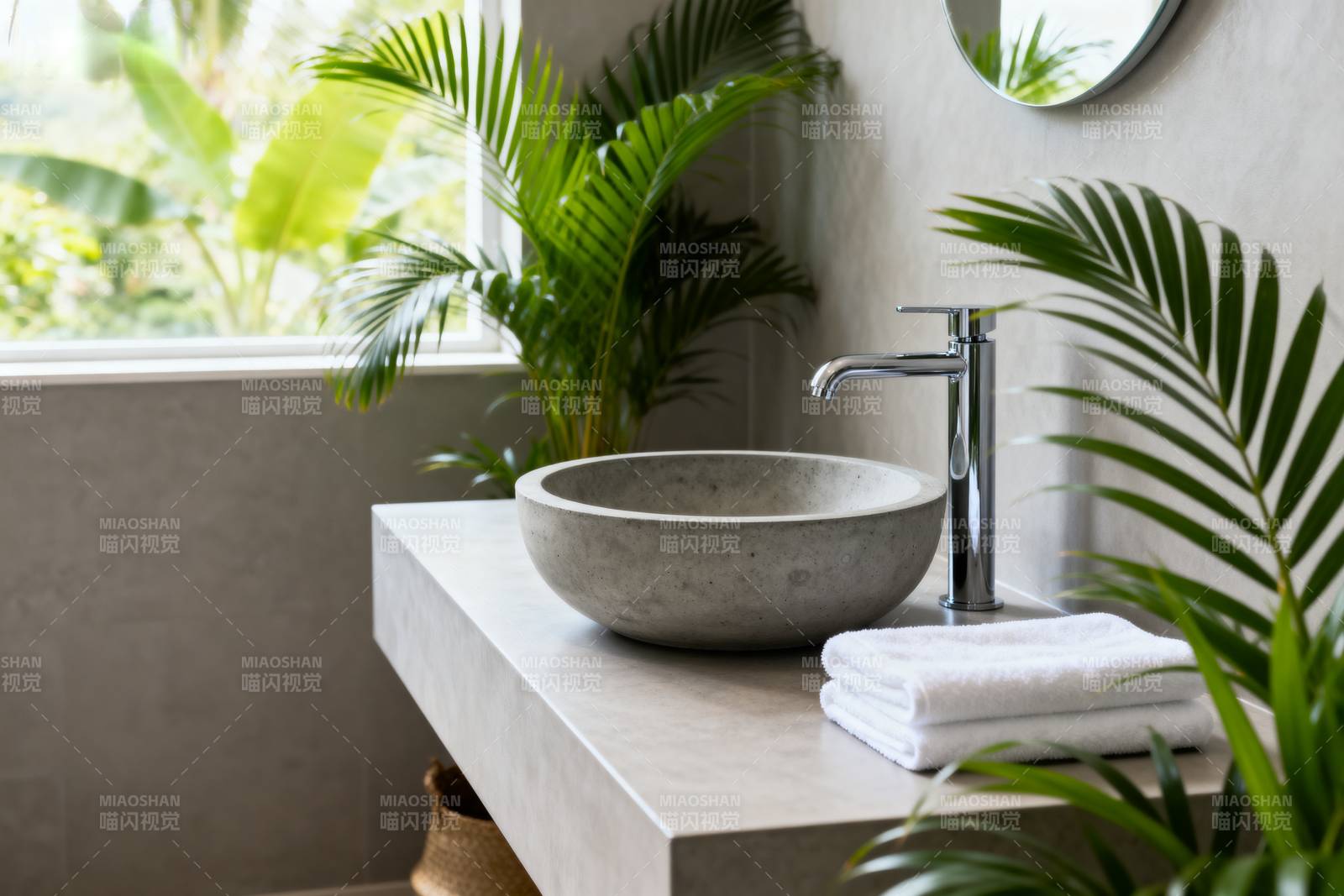 绿植环绕的现代洗手台图片