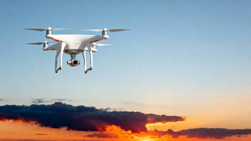 无人机翱翔夕阳下图片