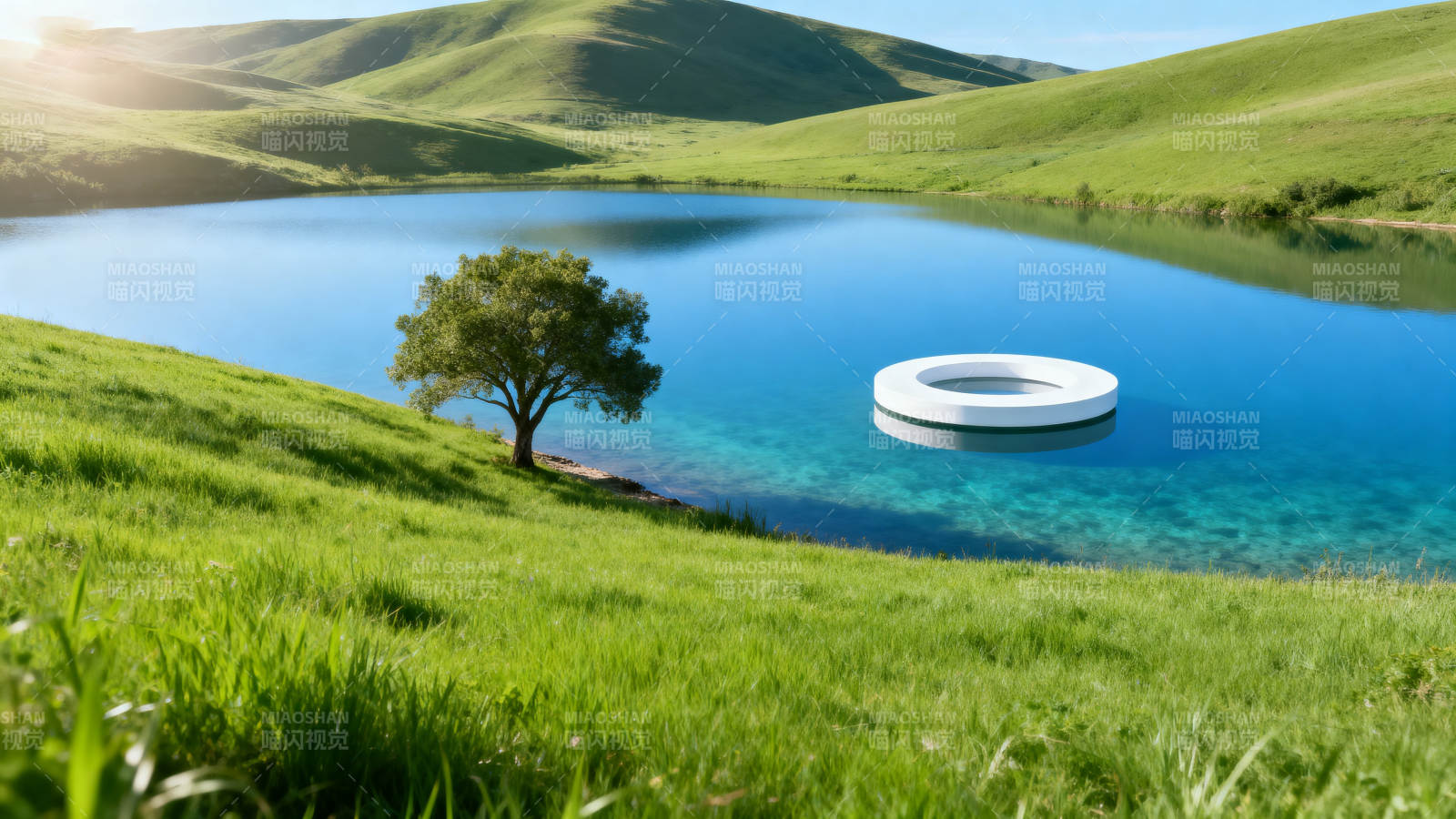 湖畔孤树浮环图片