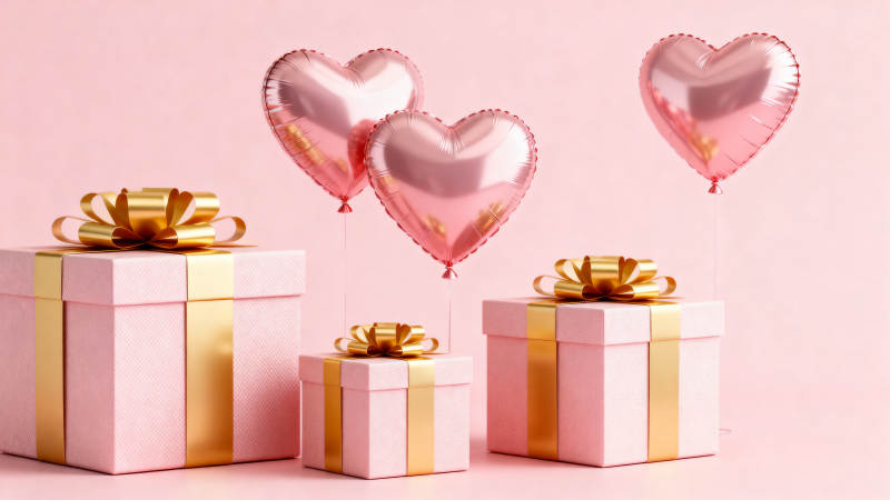 粉色礼盒与爱心气球图片