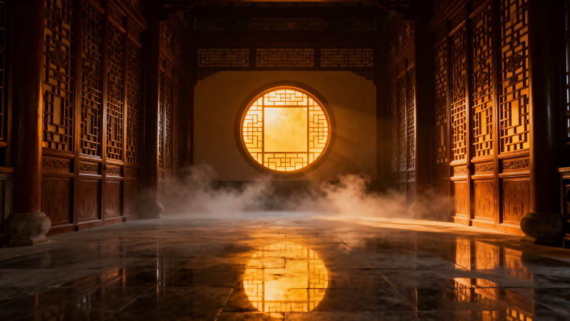 古殿晨光映雾影图片