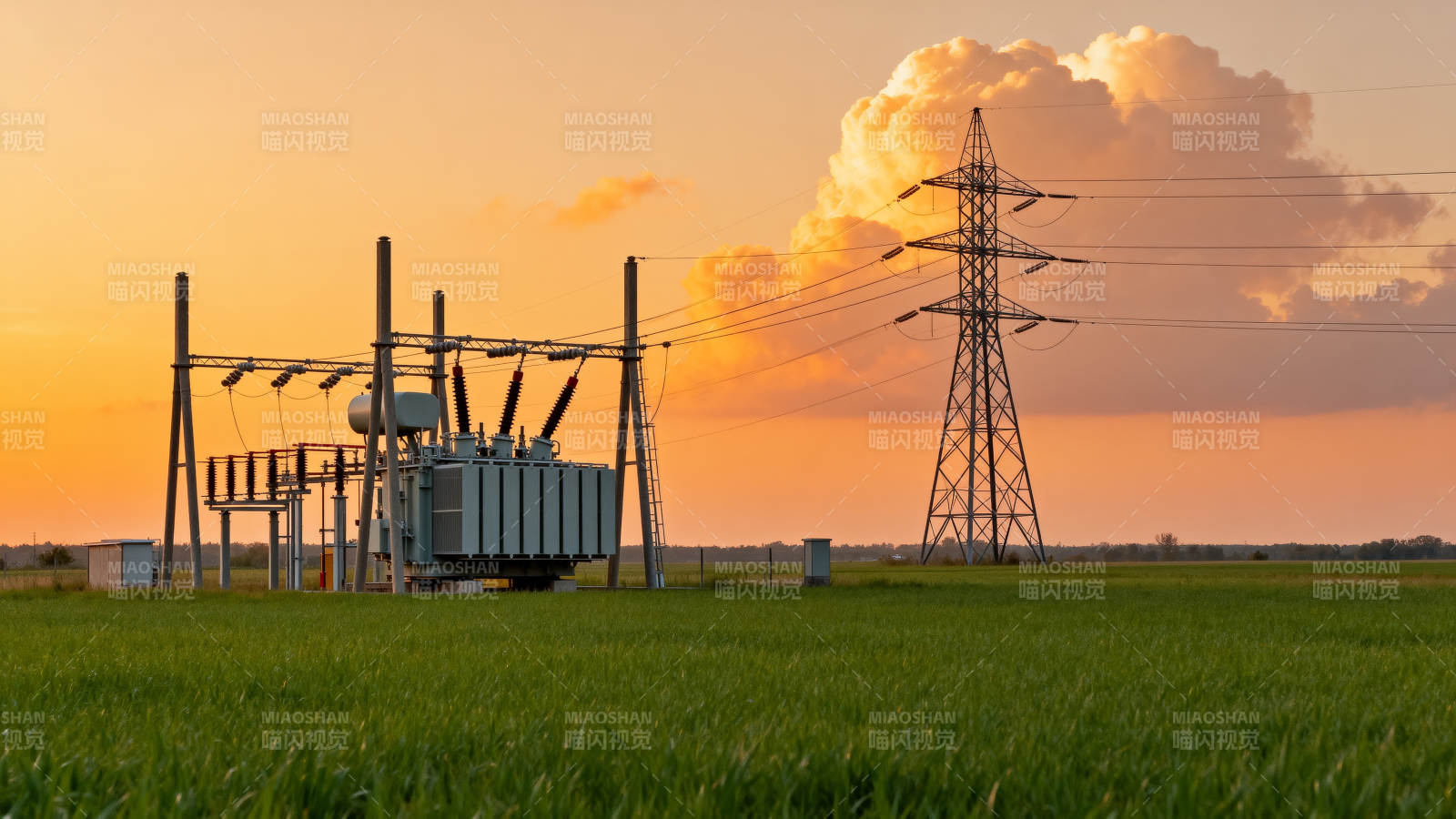 夕阳下的电力设施图片