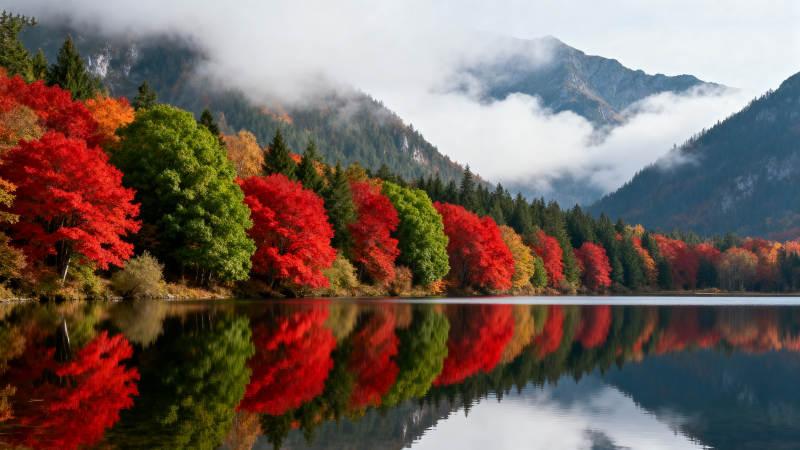 秋山湖景倒影图片