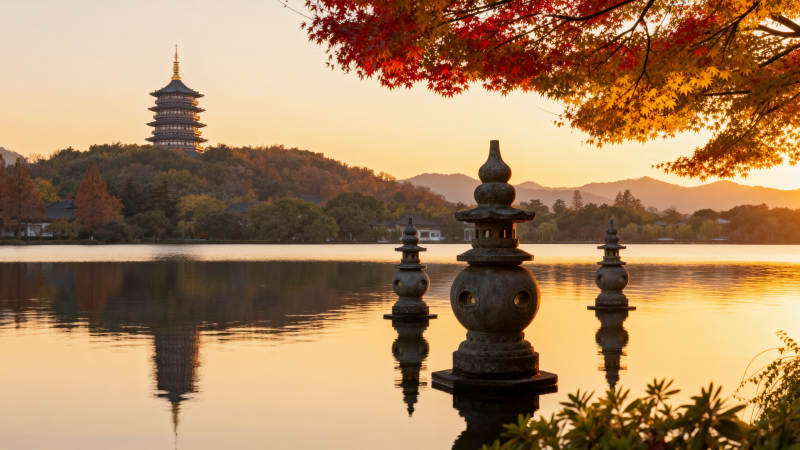 湖畔秋色塔影图片