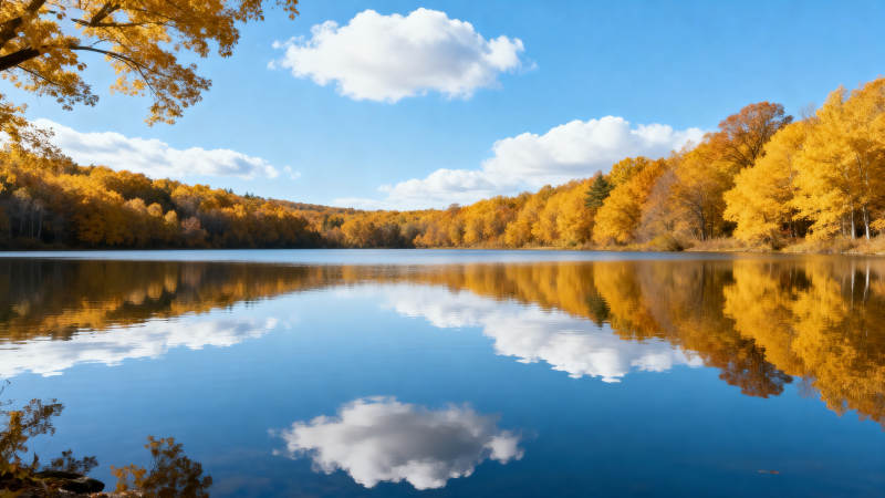 秋湖映彩林图片