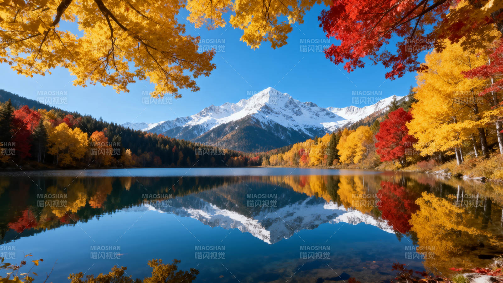 秋湖映雪山图片