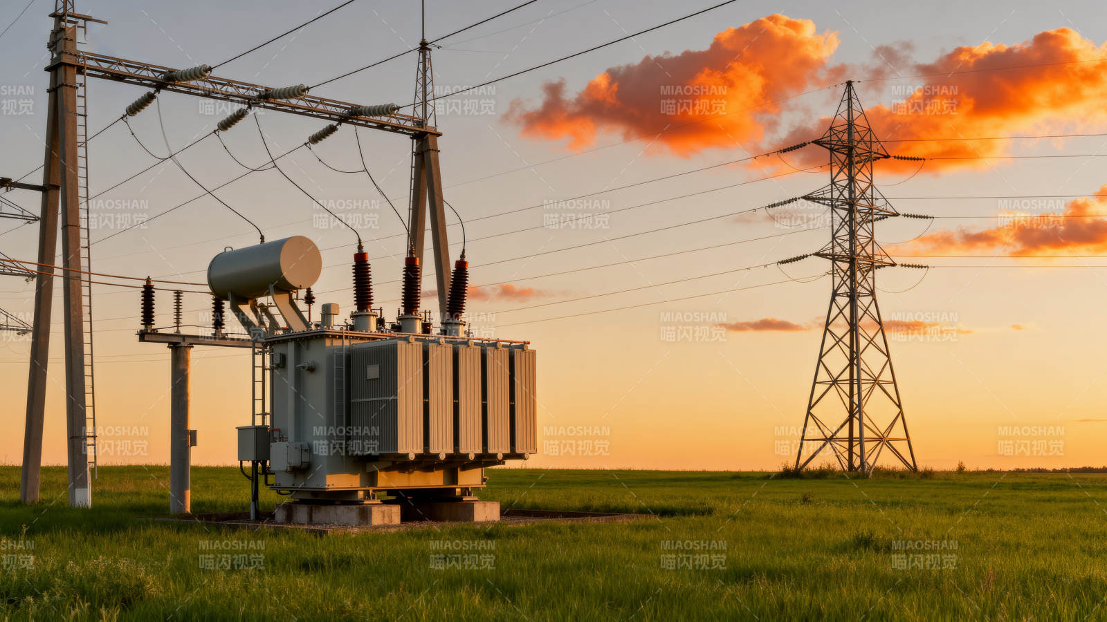 电力变压器日落景象图片
