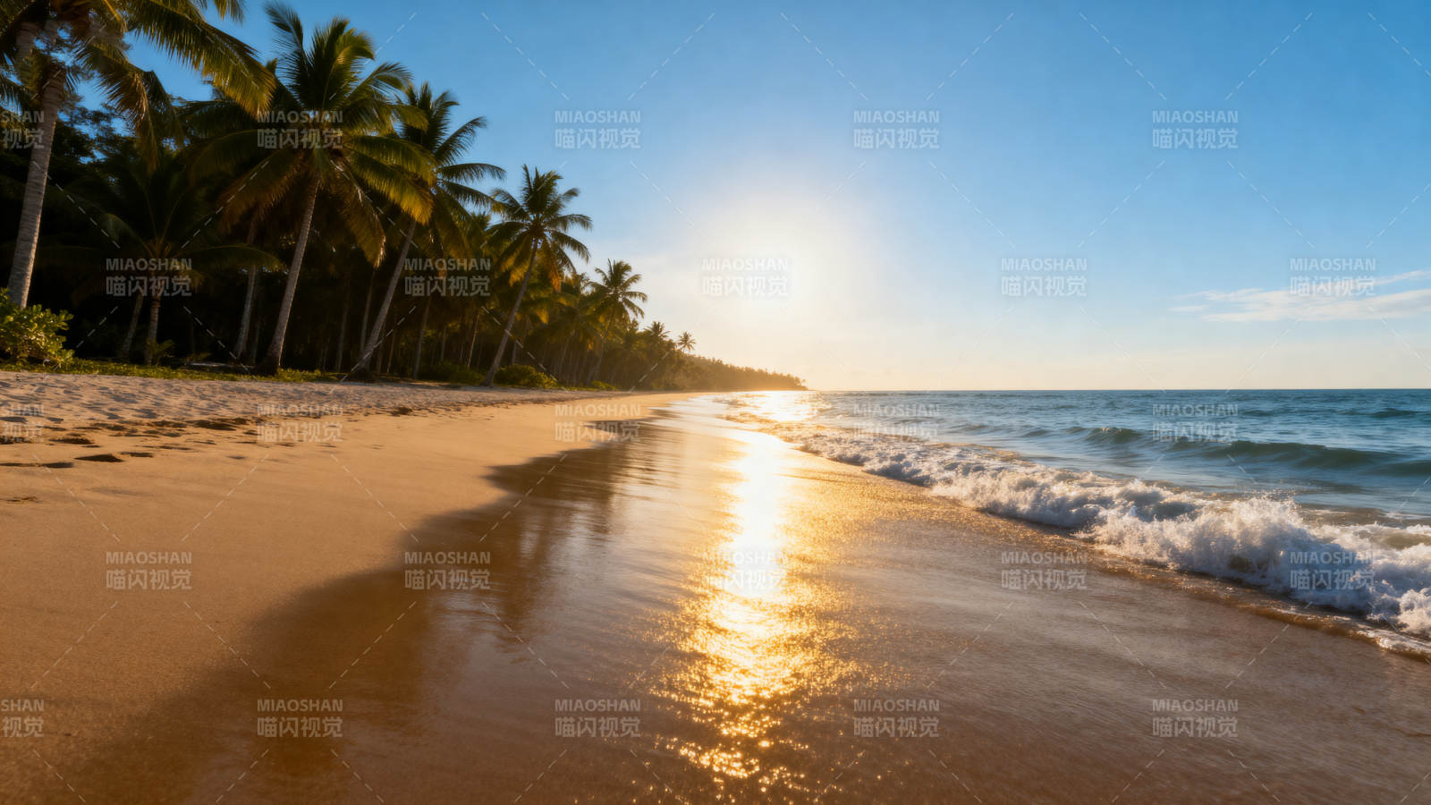 椰林沙滩日出美景图片