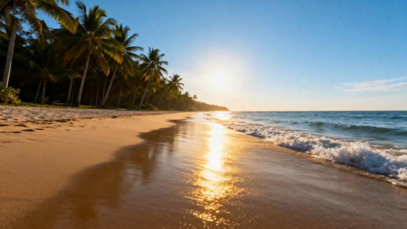 椰林沙滩日出美景图片