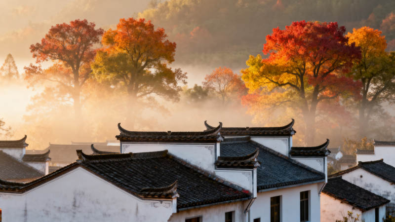 秋雾古村晨景图片