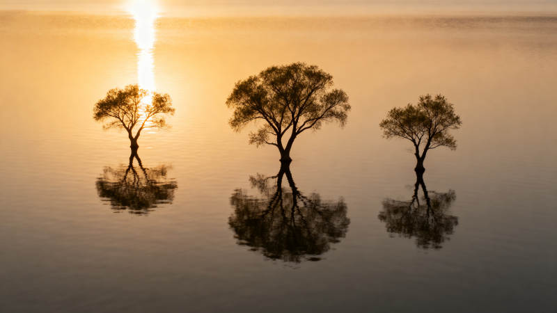 湖畔三树映夕阳图片
