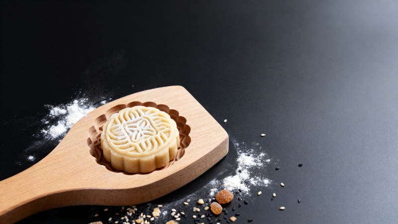 月饼静置木勺上图片