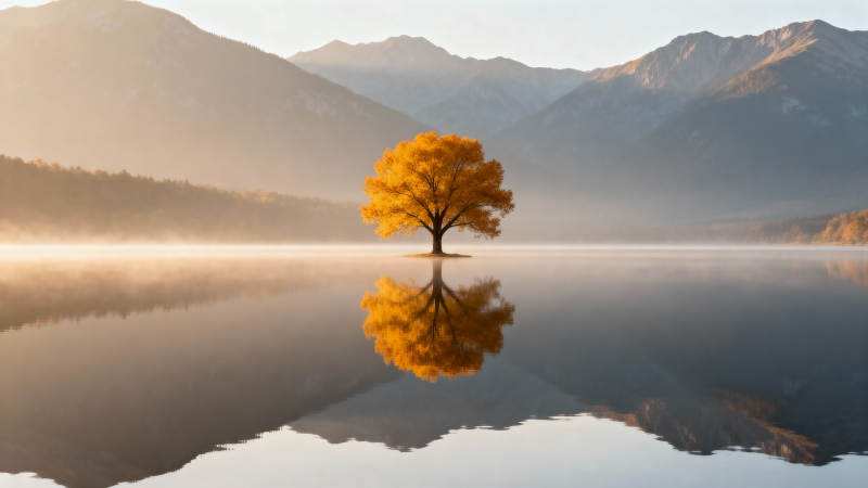 孤树映湖山图片