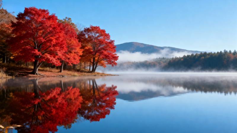 秋湖红叶倒影图片