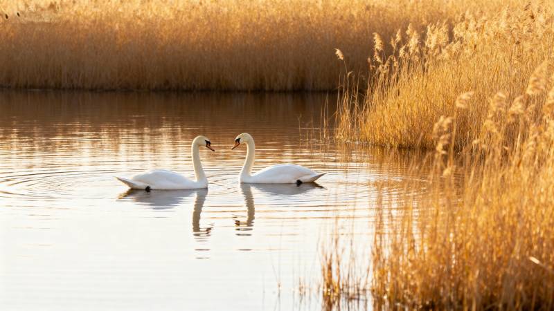 湖畔双鹅共舞图片