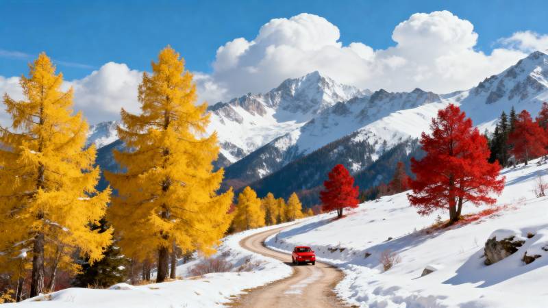 雪岭秋色 车行画中图片