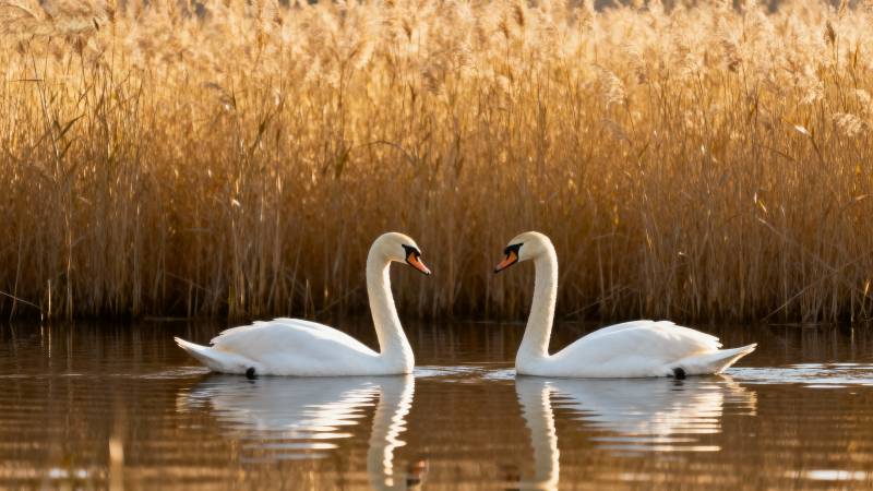 双鹅戏水金秋景图片