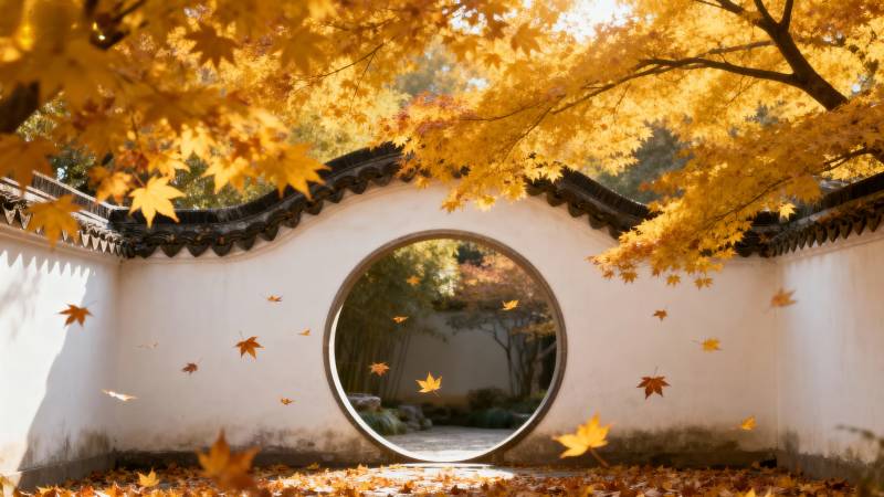 秋叶映月门图片