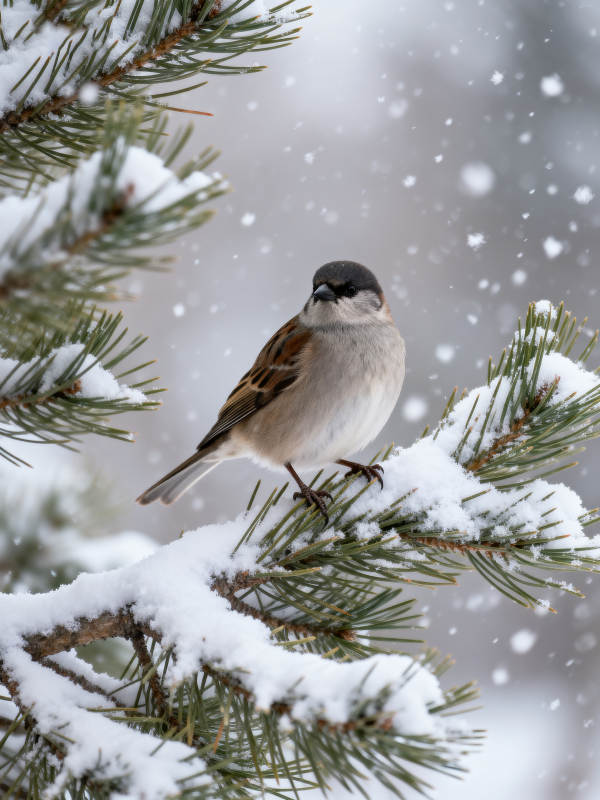 雪中麻雀栖枝头图片