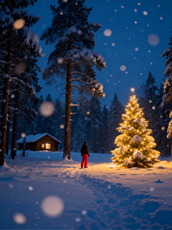 雪夜圣诞树图片