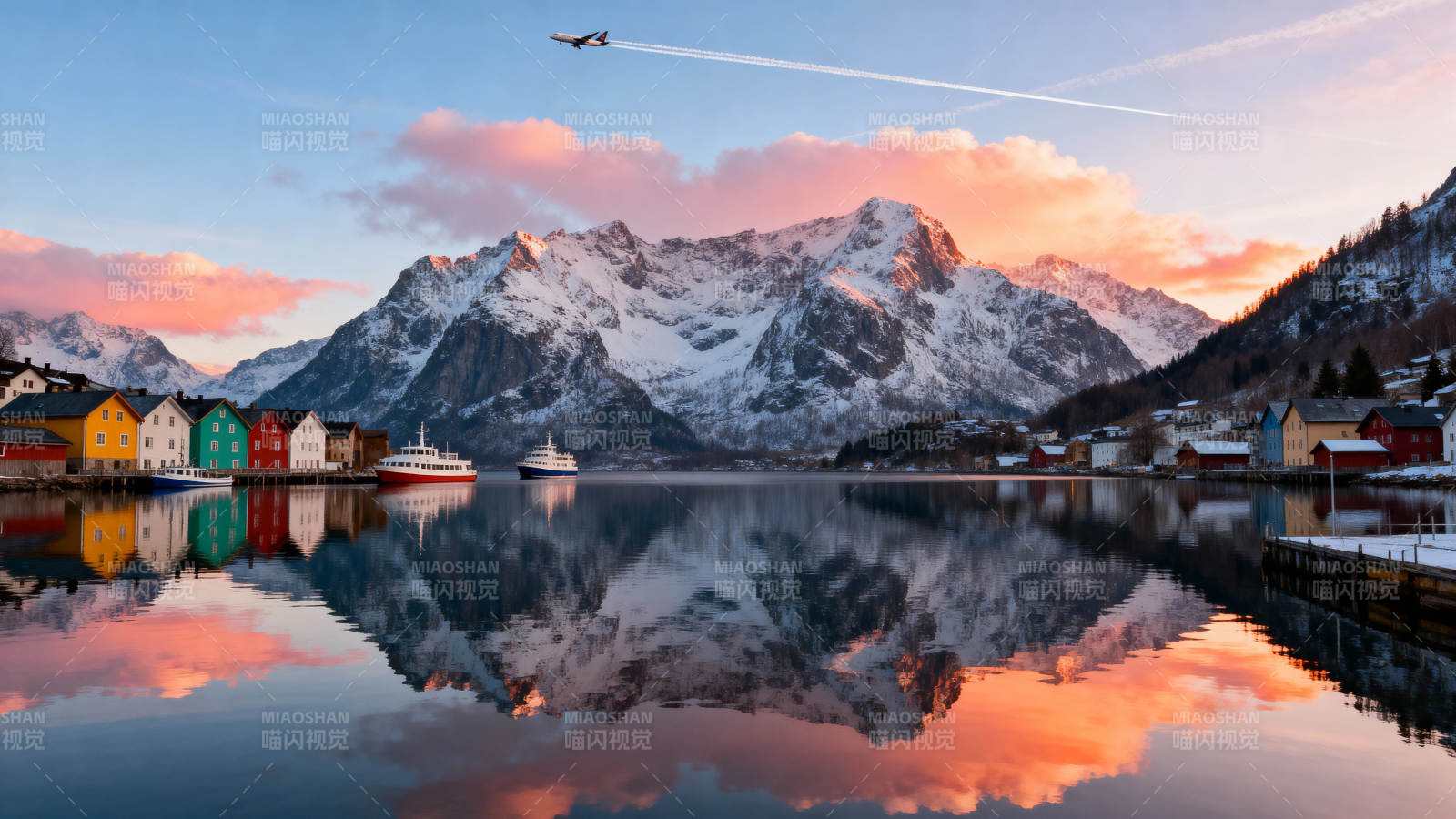 雪山湖畔晨曦美景图片