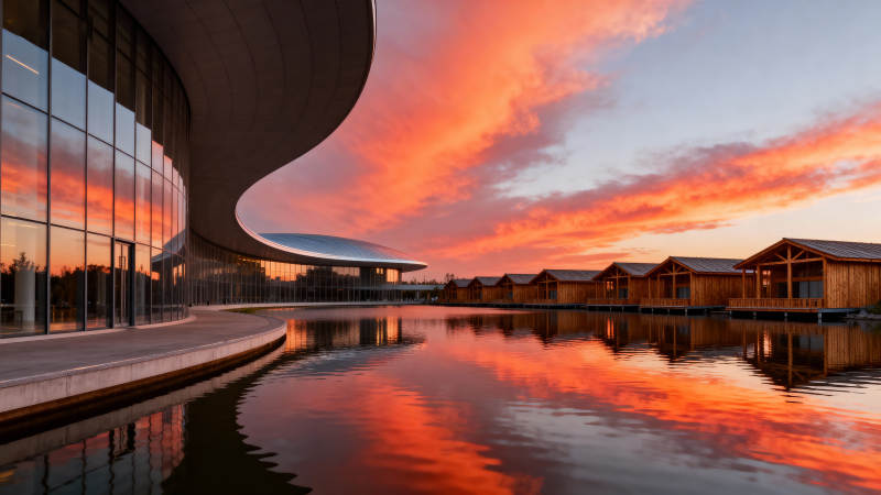 夕阳映照现代建筑图片