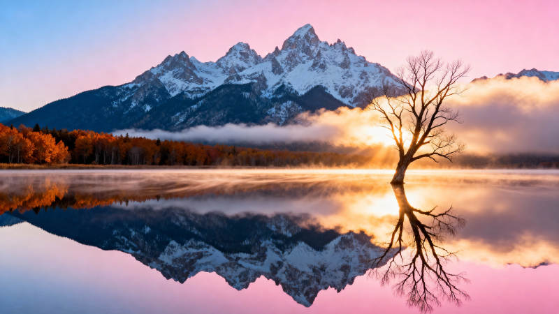 雪山湖影晨曦图片