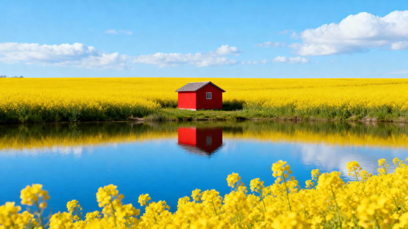 红屋黄花映碧水图片