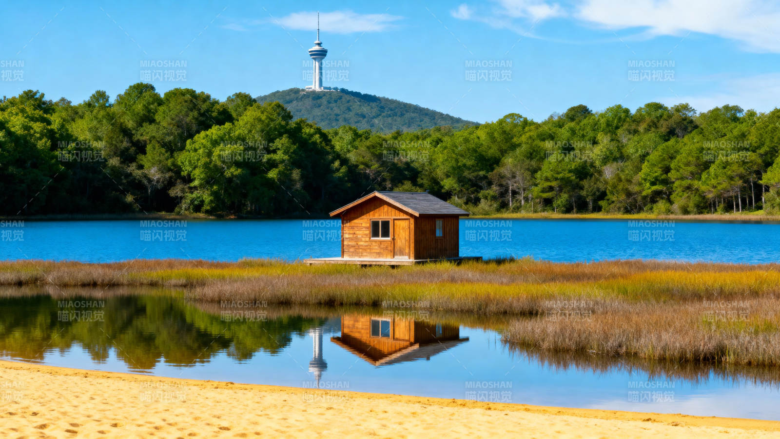 湖畔小屋倒影美景图片