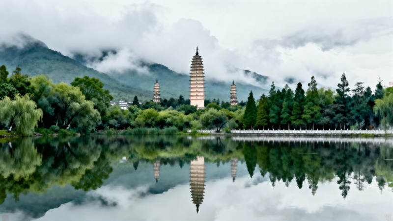 三塔倒影湖光山色图片