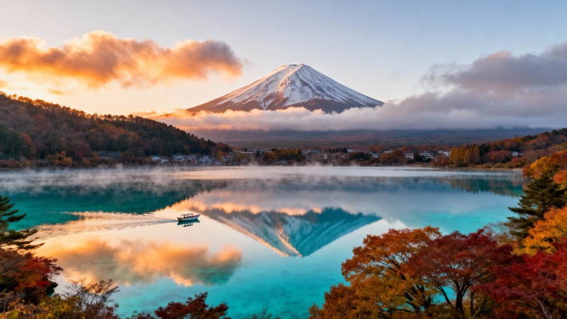 富士山湖景秋色图片
