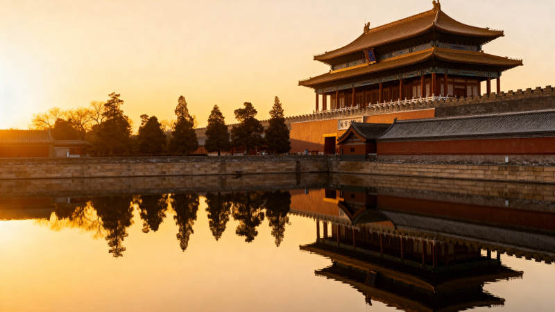 故宫夕照倒影图片