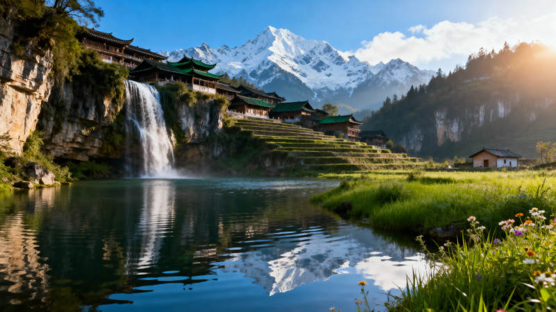 山水人家 瀑布映雪峰图片