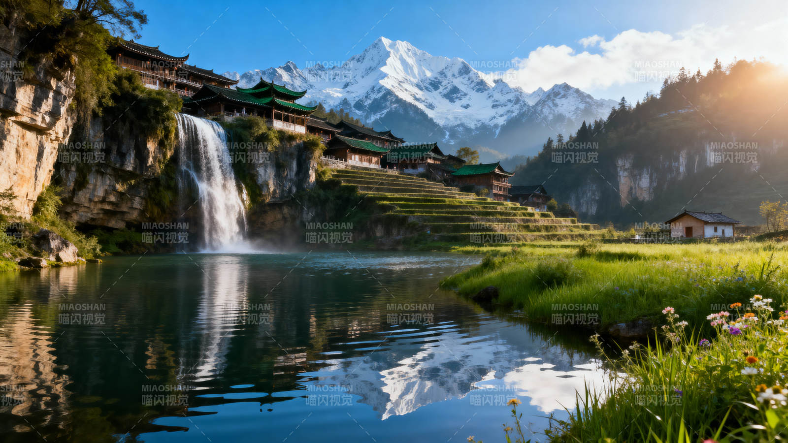 山水人家 瀑布映雪峰图片