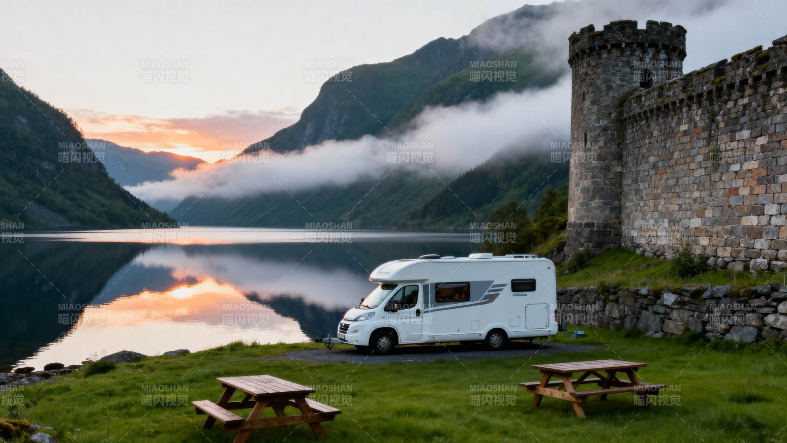 湖畔城堡旁的房车图片
