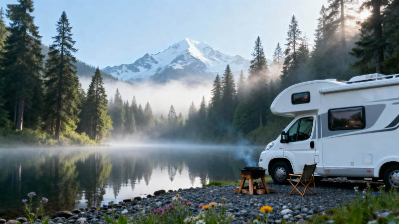 湖畔露营 雪山倒影图片