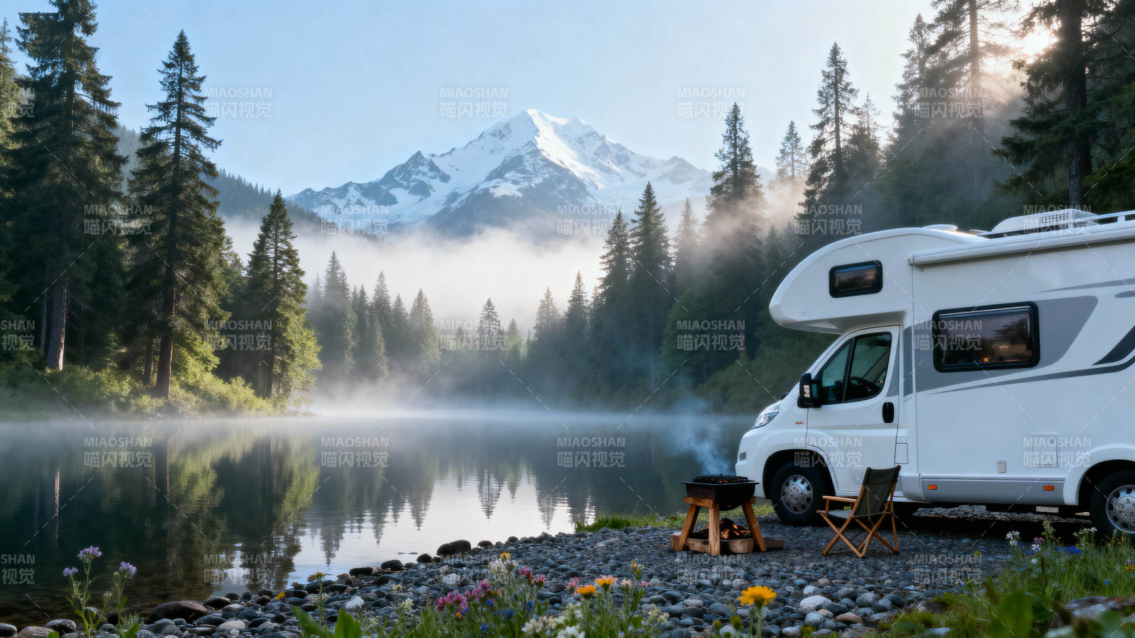 湖畔露营 雪山倒影图片