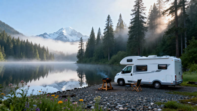 湖畔房车露营美景图片