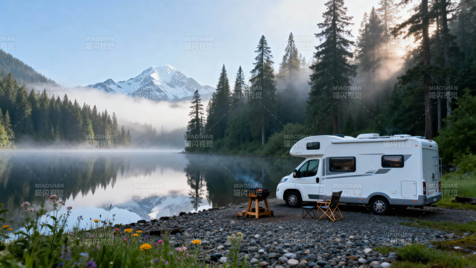 湖畔房车露营美景图片