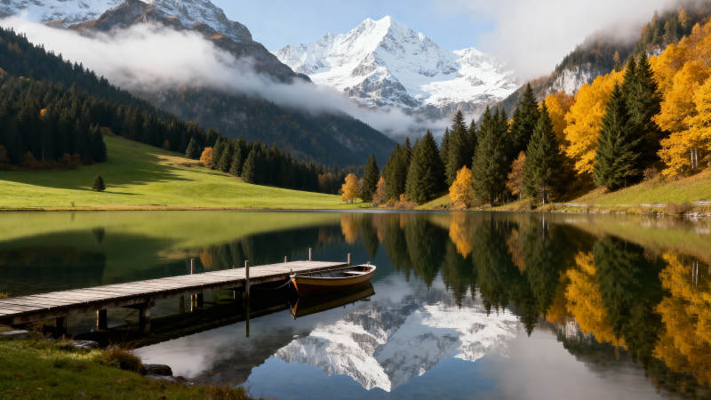 秋湖映雪山图片