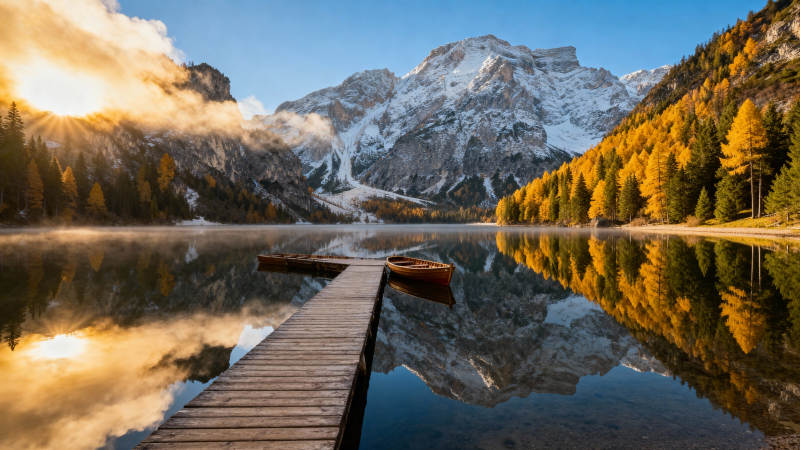 秋湖倒影雪山图片